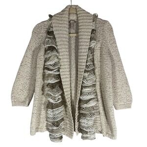 Chicos Open Front Knit Cardigan Sweater Sz 0, Small Ruffle Scarf‎ Neutral Cotton